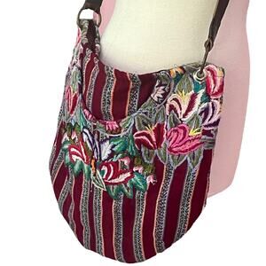 Bohemian Embroidered Slouchy Hobo Bag Crossbody Burgundy Floral Tapestry Hippie